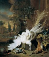 Jan Weenix, Still Life with a Dead Peacock (1692), set in the gardens of a large country house.