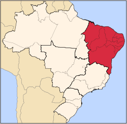 موقع الاقليم الشمالي الشرقي في البرازيل.