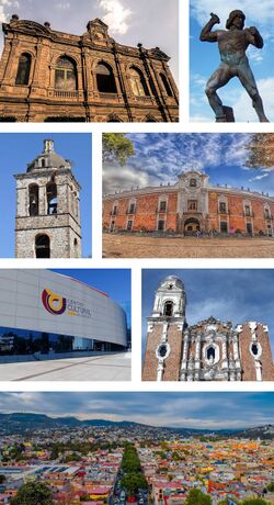 Clockwise: Xicotencatl Theatre, Statue of Tlahuicole, City Hall and state government seat, a bell tower in Our Lady of the Assumption Cathedral, University Cultural Center of UATX, San José Parish, cityscape overview