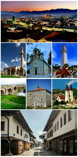 Photo collage (Gjakova at night, Hadum Mosque , St. John's Orthodox Church , Gjakova Clock Tower, Terzive Bridge, Mazrrekaj Tower, St. Paul and St. Peter Catholic Church, Old Bazaar)