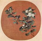 A square painting of a branch with a cluster of white flowers at the end. The branch is superimposed over a red square with rounded edges.
