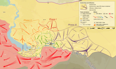 أراضي روجاڤا موضحة بالأصفر حملة الرقة (2016–الآن موضحة.