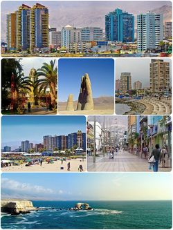 مونتاج أنتوفاگاستا، أعلى: منظر وسط البلد في أنتوفاگاستا، ثاني يسار: برج الساعة في ميدان كولون، ثاني وسط: "Mano del Desierto" (يد الصحراء) نحت رملي في صحراء أتاكاما، ثاني يمين: منظر أبراج كولدلكو، الثالث يسار: شاطئ بالنياريو، الثالث يمين:مركز تسوق آرتورو پرات، أسفل: منظر پورتادا، الصرح الطبيعي