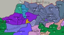 A color map centred on Afghanistan, which marks the areas held by different polities