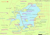 Map of the West Lake with the location of the Temple of Yue Fei