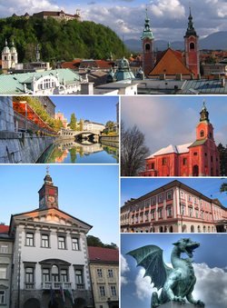 Clockwise from top: Ljubljana Castle in the background and Franciscan Church of the Annunciation in the foreground; Visitation of Mary Church on Rožnik Hill; Kazina Palace at Congress Square; one of the Dragons on the Dragon Bridge; Ljubljana City Hall; Ljubljanica with the Triple Bridge in distance