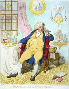 A voluptuary under the horrors of digestion Js. Gy. design et fecit. SUMMARY: Caricature of George IV as the Prince of Wales, languid with repletion, leaning back in an arm-chair, at a table covered with remains of a meal, holding a fork to his mouth. His waistcoat is held together by a single button across his distended stomach. In the background, the Prince of Wales' three ostrich feathers emblem is shown above a knife and fork crossed on a plate (instead of a coat of arms). The picture behind and above the Prince's head is of Luigi Cornaro, a Venetian nobleman who wrote several treatises concerning dieting and eating habits. MEDIUM: 1 print : engraving, color. CREATED/PUBLISHED: [London] : Pubd. by H. Humphrey, 1792 July 2d. According to Wright & Evans, Historical and Descriptive Account of the Caricatures of James Gillray (1851, OCLC 59510372), p. 47, "A bitter satire on the Heir to the Throne, who was at this time celebrated for his voluptuousness, and for the pecuniary difficulties in which he was constantly involved, in consequence of his expensive habits. The picture is full of allusions, which tell their own story."
