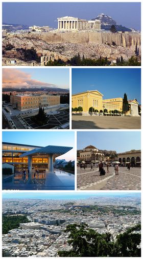 من أعلى اليسار: أكروپوليس، البرلمان اليوناني، زاپيون، متحف أكروپوليس، ميدان مونستيراكي، منظر أثينا باتجاه البحر.