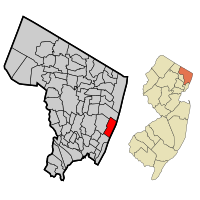 Map highlighting Englewood Cliffs' location within Bergen County. Inset: Bergen County's location within New Jersey