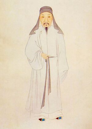 A color portrait of Gu Yanwu, wearing a hood and robes