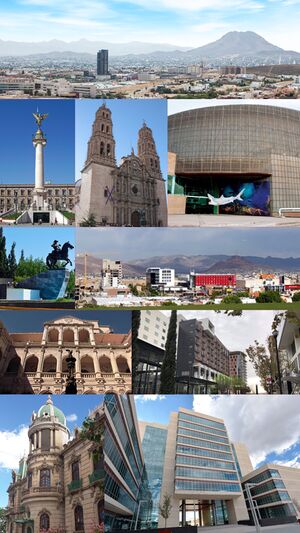 Left to right by row, from top to bottom: Chihuahua cityscape featuring Cerro Grande, the Angel of Liberty monument, Metropolitan Cathedral of Chihuahua, Semilla Museum Center of Science and Technology, Glorieta for Pancho Villa, Chihuahua cityscape featuring District 1, Government Palace of Chihuahua, District 1 neighborhood, Quinta Gameros University Cultural Center, State Supreme Tribunal of Justice building.