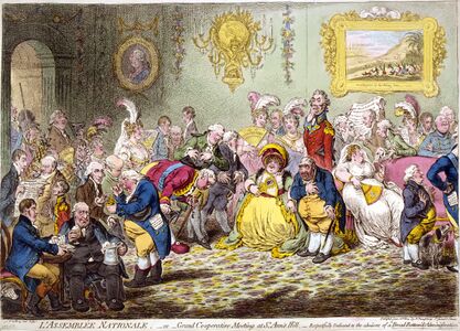 الجمعية الوطنية الفرنسية (1804). هذا الكرتون وُصِف بأنه "الكاريكاتير الأكثر موهبة التي ظهرت على الإطلاق"، ويرجع ذلك جزئيًا إلى "تشابهه الرائع". دفع أمير ويلز مبلغًا كبيرًا من المال لعدم نشره وتدمير صفيحته الزنكوغرافية. الكرتون يصور حفلاً أقامه تشارلز جيمس فوكس وزوجته لمجموعات مختلفة وأصدقاء أمير ويلز، وكلهم معارضون للحكومة. "This we have no hesitation in asserting to be the most talented caricature that has ever appeared. The king is supposed to have been executed, the republic proclaimed, and Fox, as first consul, is holding his levée at his house at St. Anne's Hill. All the leading Whigs are present, of whom the likenesses are most admirable, and in the right corner is seen a portion of the figure of the Prince of Wales. This caricature gave so much offence to the prince that he offered a large sum of money for its suppression, which being accepted, he ordered the plate to be destroyed. It was the misfortune of the prince and those by whom he was surrounded to place reliance on each other; the plate was not destroyed, it was secreted, and still exists. It will be found in the collection published by Mr. Bohn."