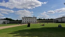 The Queen's House (centre left) at Greenwich, with the Royal Observatory on the skyline behind (2017)
