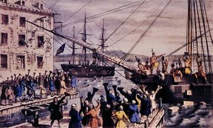 Two ships in a harbor, one in the distance. Onboard, men stripped to the waist and wearing feathers in their hair are throwing crates into the water. A large crowd, mostly men, is standing on the dock, waving hats and cheering. A few people wave their hats from windows in a nearby building.