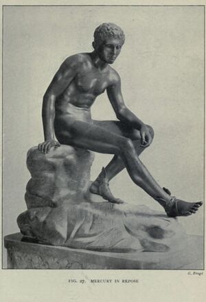 alt=Illustration of bronze statue of a nude male youth, seated on a rock with one leg outstretched, leaning on the opposite thigh, from the 1908 volume Buried Herculaneum by Ethel Ross Barker؛ العنوان يقول "مركوري مرتاحاً"