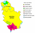 Serbs (yellow) in Serbia (2002 Census data for Central Serbia and Vojvodina, reconstruction for Kosovo)