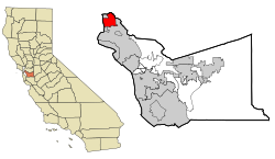 يسار: مقاطعة ألامدا (مظللة) داخل كاليفورنيا. يمين: مدينة بركلي (مظللة) داخل مقاطعة ألامدا.