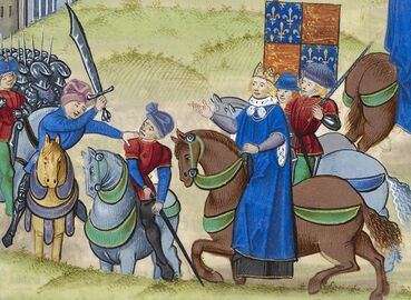 A pivotal event during the Peasants' Revolt, 1381: their leader Wat Tyler is stabbed by William Walworth, Lord Mayor.