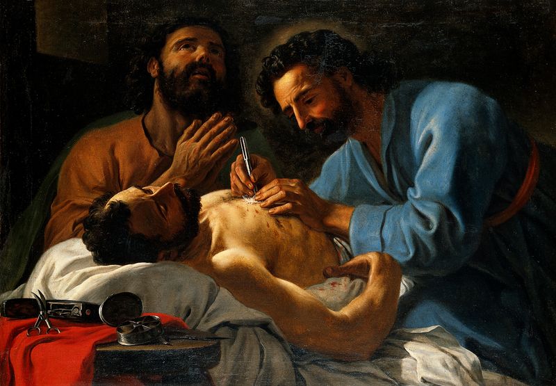 ملف:SS. Cosmas and Damian dressing a chest wound. Oil painting. Wellcome V0017404.jpg