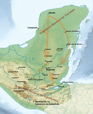 Map of the Yucatán Peninsula, jutting northwards from an isthmus running northwest to southeast. The Captaincy General of Yucatán was located in the extreme north of the peninsula. Mérida is to the north, Campeche on the west coast, Bacalar to the east and Salamanca de Bacalar to the southeast, near the east coast. Routes from Mérida and Campeche joined to head southwards towards Petén, at the base of the peninsula. Another route left Mérida to curve towards the east coast and approach Petén from the northeast. The Captaincy General of Guatemala was to the south with its capital at Santiago de los Caballeros de Guatemala. A number of colonial towns roughly followed a mountain range running east–west, including Ocosingo, Ciudad Real, Comitán, Ystapalapán, Huehuetenango, Cobán and Cahabón. A route left Cahabón eastwards and turned north to Petén. Petén and the surrounding area contained a number of native settlements. Nojpetén was situated on a lake near the centre; a number of settlements were scattered to the south and southwest, including Dolores del Lacandón, Yaxché, Mopán, Ixtanché, Xocolo and Nito. Tipuj was to the east. Chuntuki, Chunpich and Tzuktokʼ were to the north. Sakalum was to the northeast. Battles took place at Sakalum in 1624 and Nojpetén in 1697.