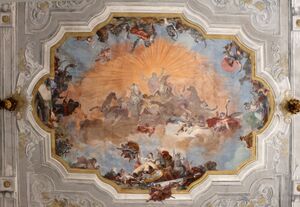 Ca' rezzonico, salone da ballo, quadrature di pietro visconti e affreschi di g.b. crosato (caduta di febo e 4 continenti), 1753, 02.jpg