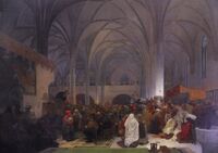 Alphonse Mucha: Master Jan Hus Preaching at the Bethlehem Chapel: Truth prevails, 1916; part of the 20-painting work, The Slav Epic