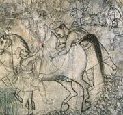 A painting of a wounded man on horseback being taken away from the battlefield