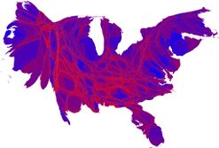 Cartogram of popular vote with each county rescaled in proportion to its population. Deeper blue represents a Democratic majority, brighter red represents a Republican majority.[6]