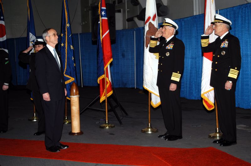 ملف:US Navy 050218-N-3333H-011 Admiral John B. Nathman, far right, and Admiral William J. Fallon salute during honors arrival of Secretary of the Navy, Gordon R. England.jpg