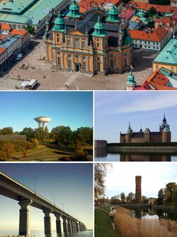 Clockwise from top: aerial view of the Kalmar Cathedral, Kalmar Castle, the old water tower in central Kalmar, Öland Bridge and the water tower in Berga.