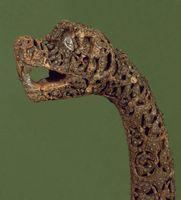 Viking carved wood and metal prow from the Oseberg ship, ca. 800, Norway