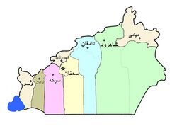 Location of Shahrud County in Semnan province (right, green)