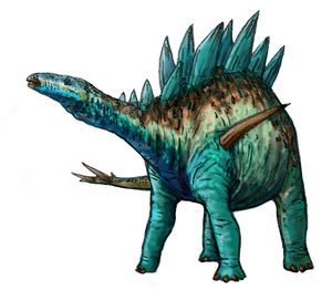 A small-headed dinosaur standing on four legs. The back has numerous bony plates extending upward.