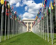 United Nations Member States' flags raised at the Palace of Nations