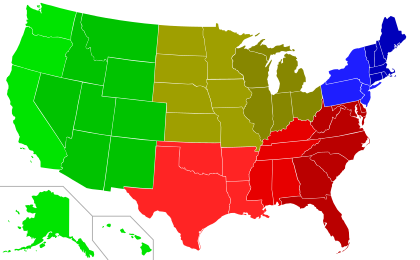 The four United States Census Bureau Regions separated by color, with the Nine Census Divisions further delineated by shading