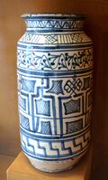 Blue-and-white faience albarello with Pseudo-Kufic designs, Tuscany, 2nd half of 15th century.