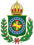 Coat of arms consisting of a shield with a green field with a golden armillary sphere over the red and white Cross of the Order of Christ, surrounded by a blue band with 20 silver stars; the bearers are two arms of a wreath, with a coffee branch on the left and a flowering tobacco branch on the right; and above the shield is an arched golden and jeweled crown