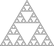 An example of an aperiodic two-dimensional lattice that assembles into a fractal pattern. Left, the Sierpinski gasket fractal. Right, DNA arrays that display a representation of the Sierpinski gasket on their surfaces[10]