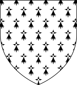 A shield shape. Inside the shield is a white background with black ermine symbols.