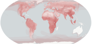 World map, largely in red with the exception of Australia, Madagascar, and Antarctica
