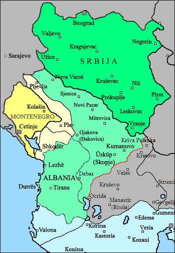 Territory of Independent Albania, under the control of the provisional government of Albania seated in Vlorë (marked as Valona, its Italian name)