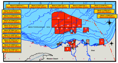 خريطة توضح أرقام وأسماء بلوكات امتيازات في مصر، البحر المتوسط، 2018. المصدر [1].