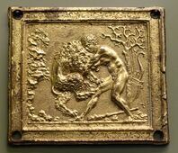 Hercules and the Nemean Lion, Galeazzo Mondella (it) (Moderno), c. 1500, gilt bronze plaquette