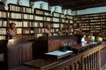 Library with dark wood bookcases and scattered stone busts.