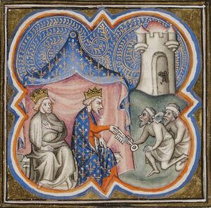 A picture showing King Richard sat beside King Philip II, the latter is receiving a key from two Arabs; a castle, presumably Acre, can be seen in the top right of the picture.