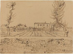 pen and ink drawing of a ploughman in a field near Arles, by Vincent Van Gogh