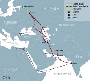 خريطة لخط سكة حديد رشت آستارا في إيران لتطوير النقل على طول ممر النقل الدولي بين الشمال والجنوب (INSTC)