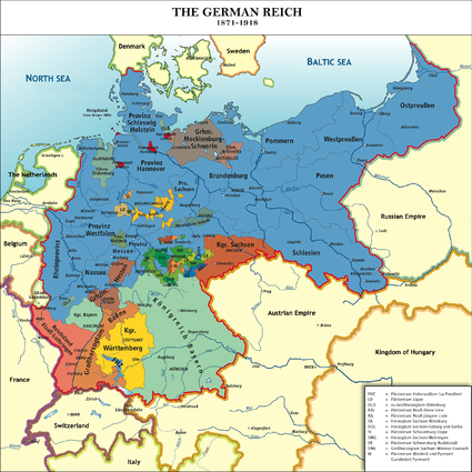 الخريطة السياسية لوسط اوروبا توضح المناطق ال26 التي أصبحت جزء من الإمبراطورية الألمانية المتحدة عام 1891. ألمانيا في الشمال الشرقي، تشغل مساحة حوالي 40% من الإمبراطورية الجديدة.