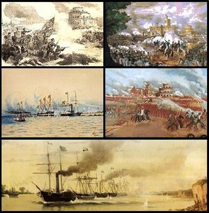 Scenes from various battles and naval engagements during the Platine War