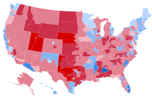 Results by congressional district, shaded according to winning candidate's percentage of the vote